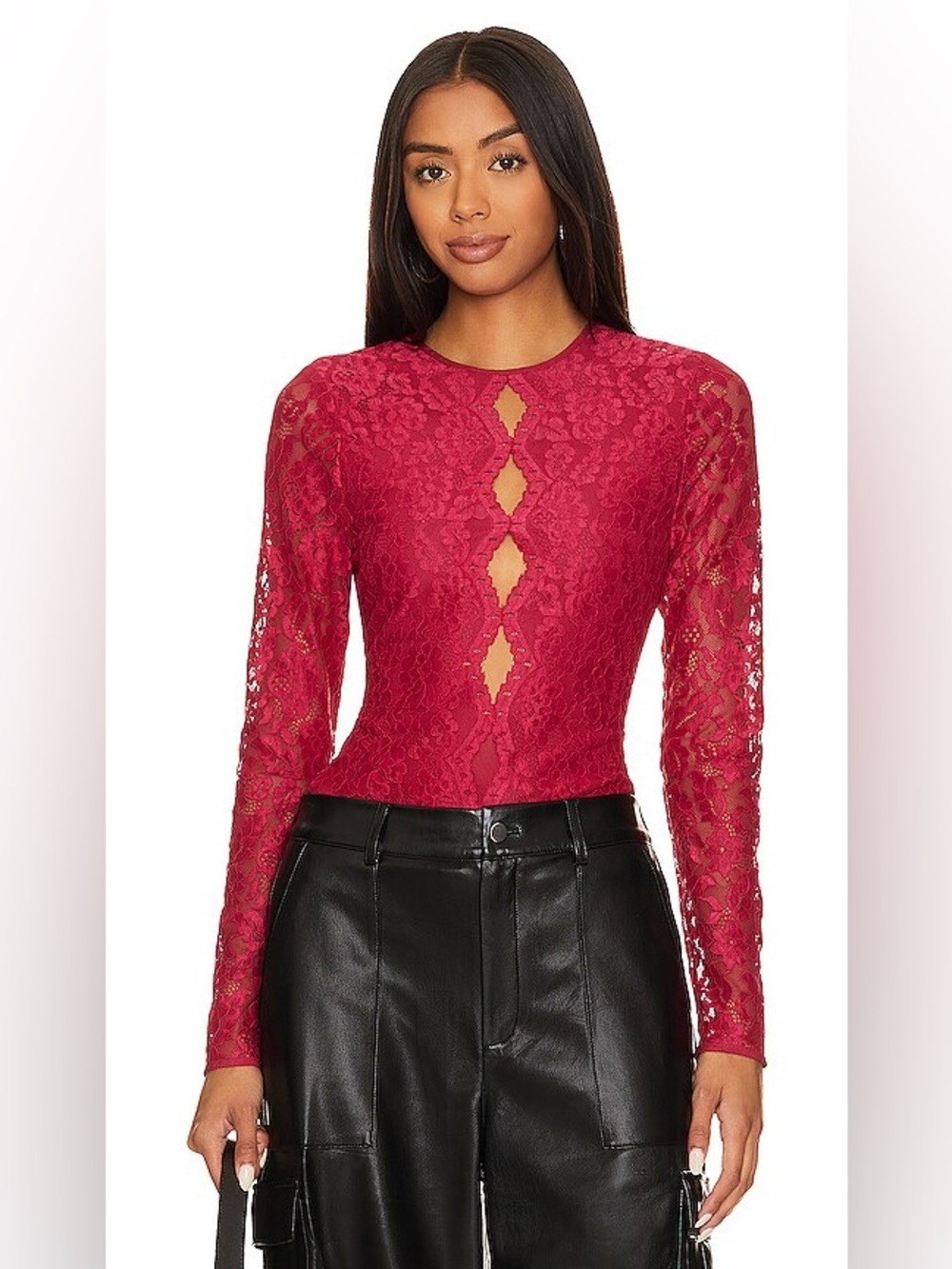 CAMI NYC Josefina Top in Fuchsia Lace Long Sleeve Blouse Cutout Front Floral